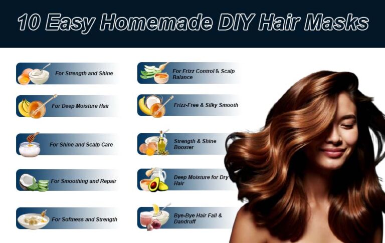 A collection of 10 easy DIY hair masks displayed in bowls, showcasing natural ingredients for hair care.