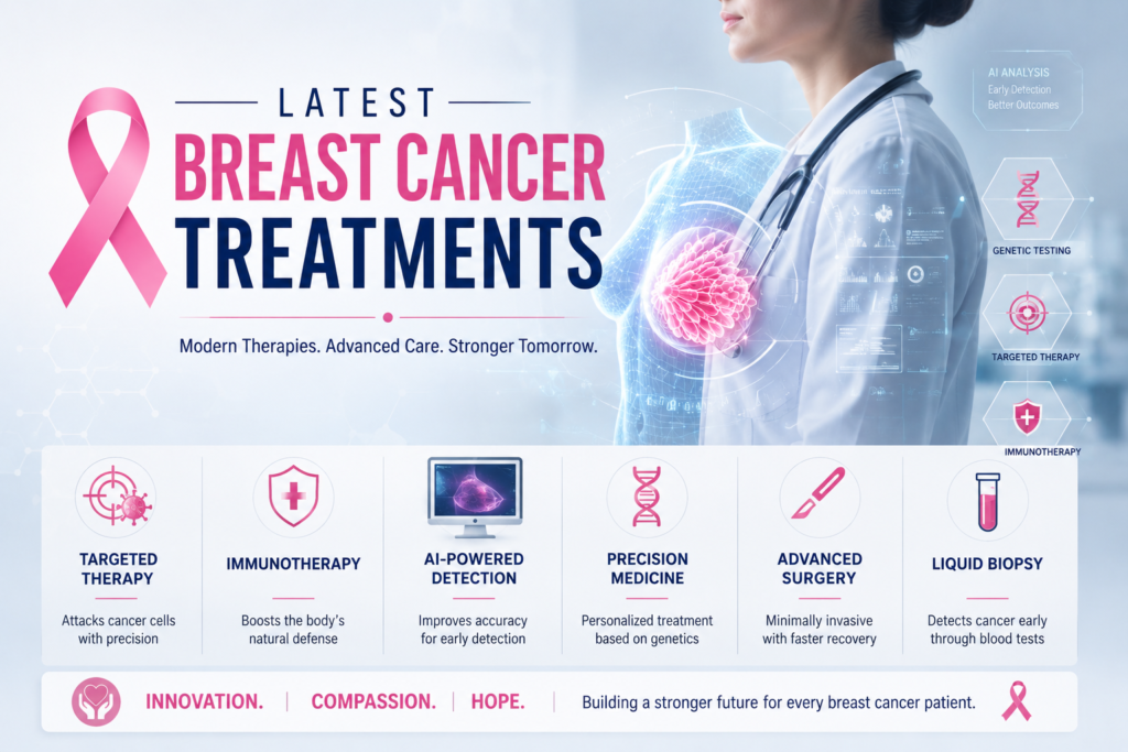 Latest breast cancer treatments infographic showing targeted therapy, immunotherapy, AI-powered detection, and precision medicine