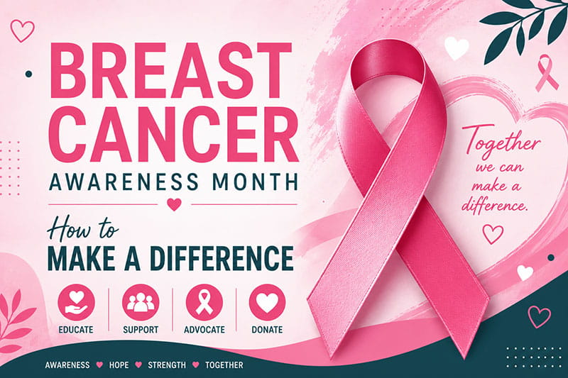 Breast Cancer Awareness Month campaign featuring a teal awareness ribbon, pink background, and support message encouraging education, advocacy, early detection, donations, and community involvement in breast cancer awareness.