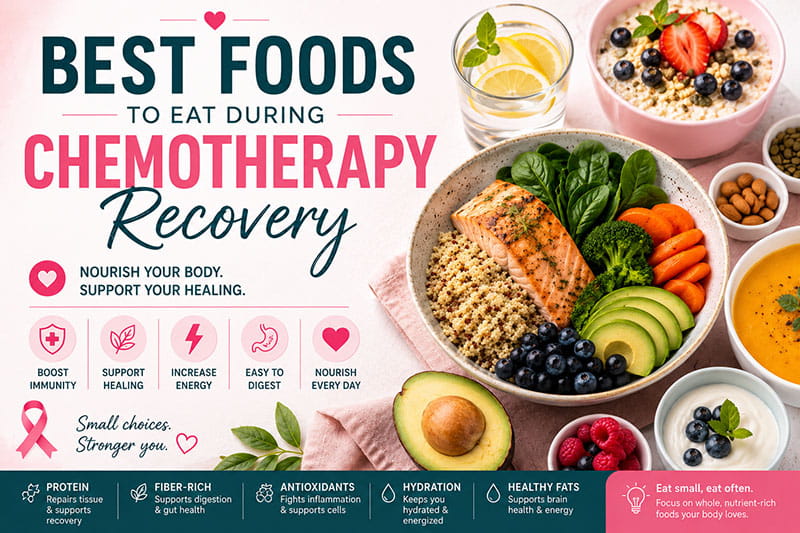 Healthy foods for chemotherapy recovery, including salmon, quinoa, avocado, berries, yogurt, vegetables, and hydration-rich foods that support immune function, energy levels, digestion, tissue repair, and overall cancer treatment recovery.