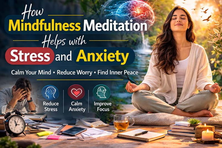 Visual guide explaining the relationship between mindfulness meditation and its effectiveness in managing stress and anxiety levels.