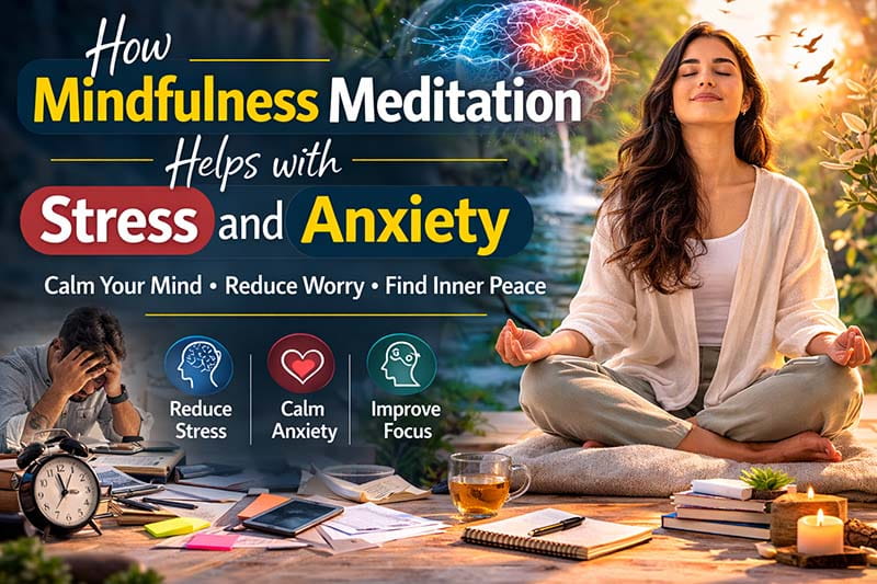 Visual guide explaining the relationship between mindfulness meditation and its effectiveness in managing stress and anxiety levels.