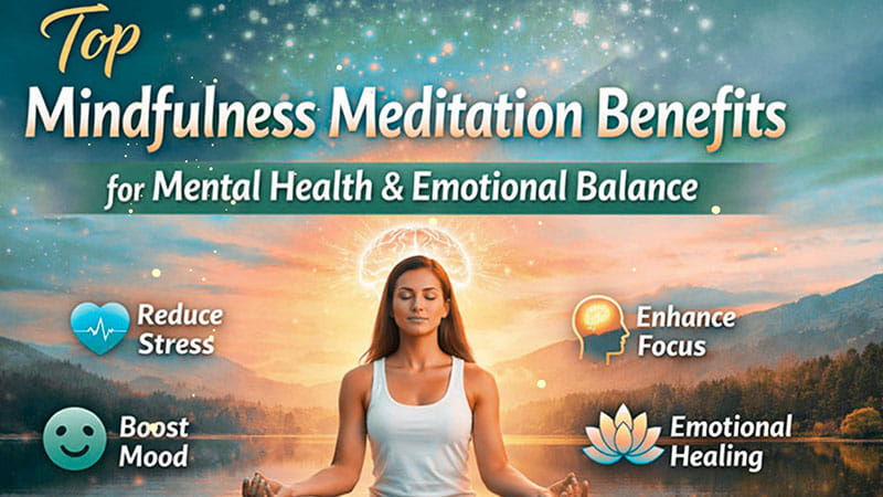 Chart illustrating the main advantages of mindfulness meditation for improving mental health and fostering emotional stability.