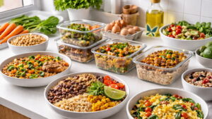 Variety of nutritious food options, including produce and whole grains displayed in separate serving dishes.