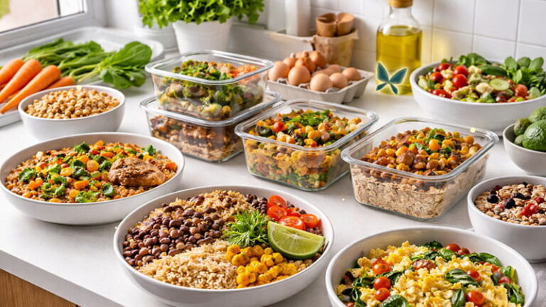 Variety of nutritious food options, including produce and whole grains displayed in separate serving dishes.