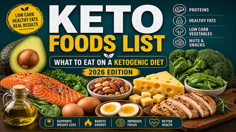Keto foods list showing salmon, eggs, avocado, chicken, cheese, nuts, and low-carb vegetables for ketogenic diet