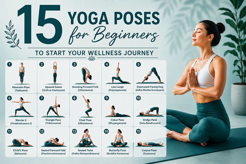 15 yoga poses for beginners infographic showing beginner-friendly yoga postures including Mountain Pose, Downward Dog, Cobra Pose, Child’s Pose, and Butterfly Pose to improve flexibility, balance, posture, stress relief, and overall wellness.