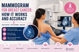 Mammogram screening for breast cancer showing breast imaging procedure for early cancer detection